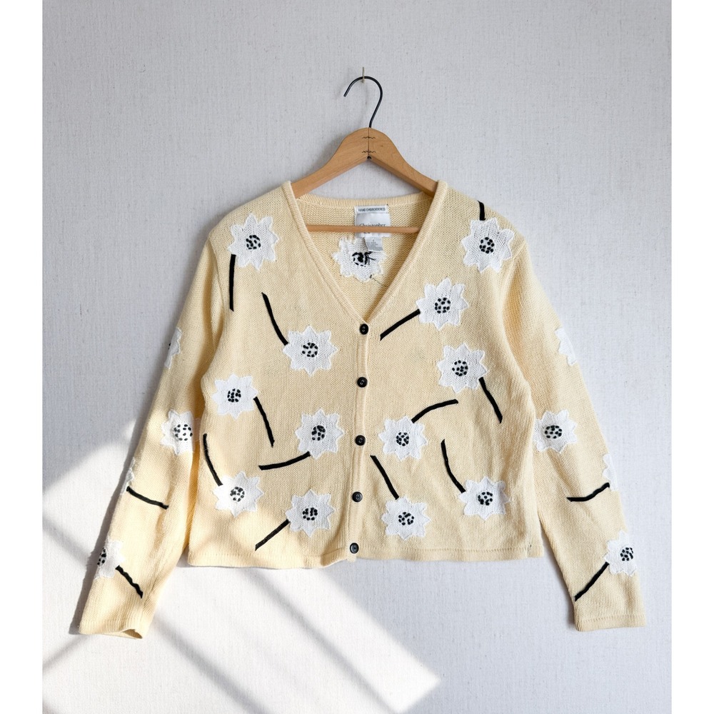 Christopher Vintage Hand Embroidered‎ Floral Cardigan Yellow Cottagecore Small